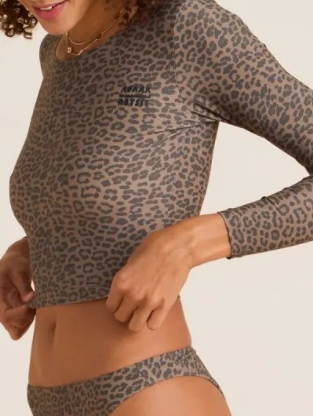 Long Sleeve Leopard Print Swim Top - Taupe